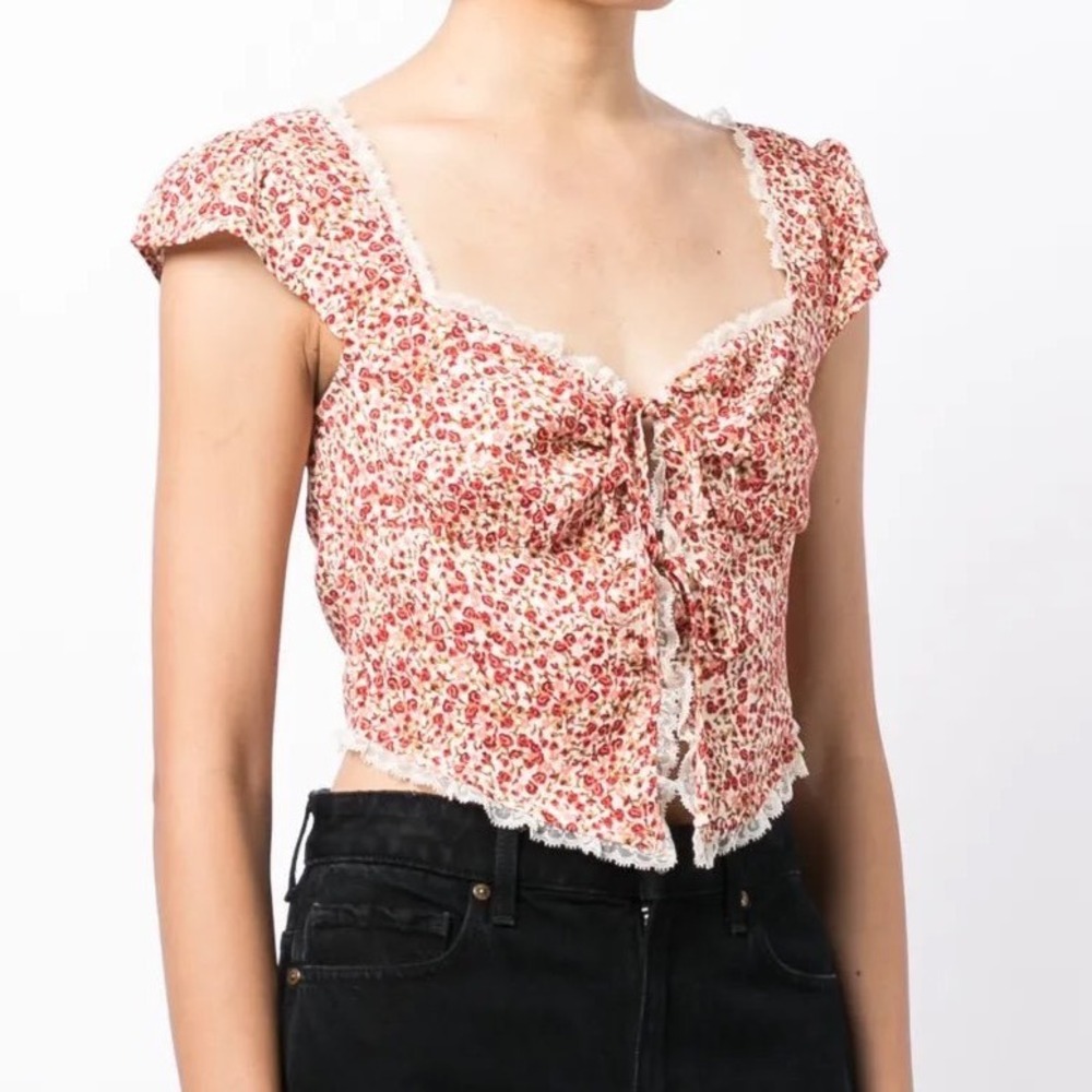 Reformation Safia Top La Vie En Rose Floral Tie Front Lace Trim Sweetheart - 6